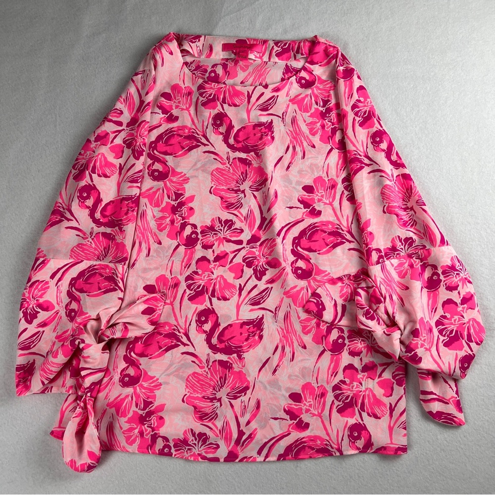 Lilly Pulitzer Women’s Langston Bow Tie Sleeve Flamingo Print Blouse Pink Small - Picture 2 of 6